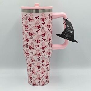 Aqua 40oz Stainless Steel Tumbler Pink & Red Witch Hat and Bows BNWT Viral Cup